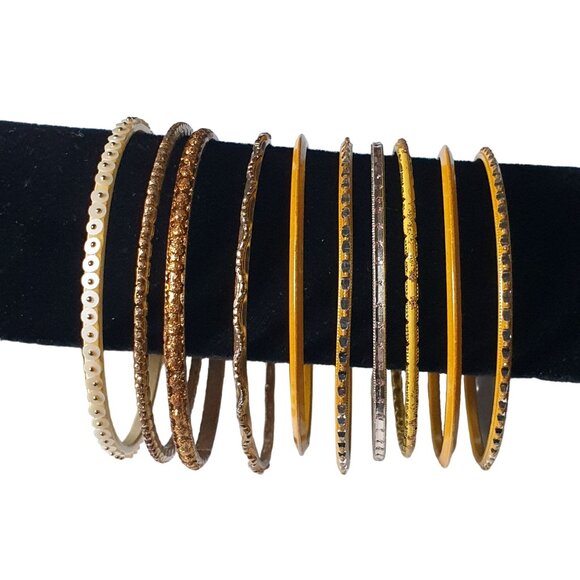 Yellow Gold Tone Metal Bangle Bracelets Set of 10 Fashion Costume 2.5 Inch - Picture 4 of 6